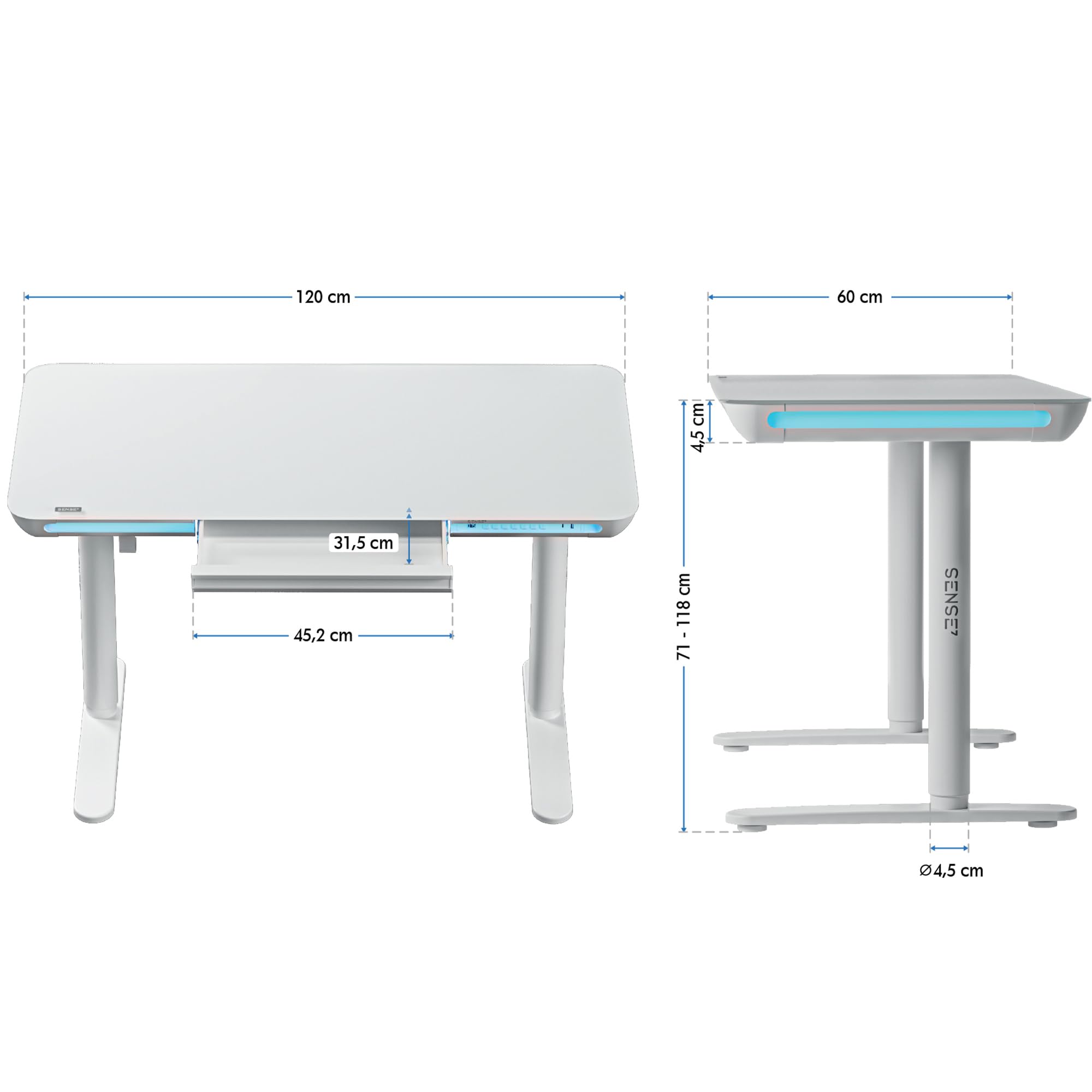 SENSE7 Nomo LED Gaming Schreibtisch, 120x60cm, Höhenverstellbar, USB-C, USB 3.0, Glas, Schublade, Haken, Modern, Weiß, Erwachsener, Home Office, Büro, Lernzimmer, Wohnzimmer