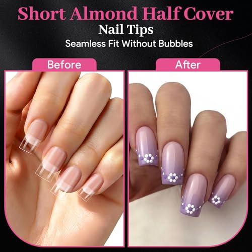 Image of Short Square Half Cover Nail Tips 510 Pcs Clear 15 Sizes | No-file pre-buffed half cover clear tips with half sizes and thin back design for DIY nail extensions.