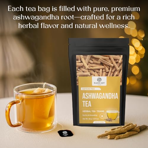 Image of Blendart Teas - Ashwagandha Root TeaBags - 30 Count - Pyramid Tea Bag | Helps in Relive Stress | Promote Cleansing & Wellness | Organic Herbal Tea Ashwagandha | Ayurvedic Tea Bags | Made from Leaves Powder & Cut Form | Natural Herbal Tea | Loose Tea Taste | For Women & Men Daily Use - 30 Tea Bags