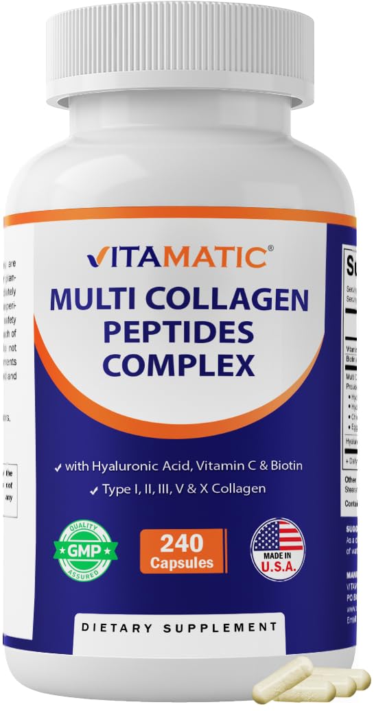 Vitamatic Multi Collagen Peptides Complex with Hyaluronic Acid, Vitamin C & Biotin, Types I, II, III, V & X Collagen, 240 Capsules, Non-GMO, Made in USA
