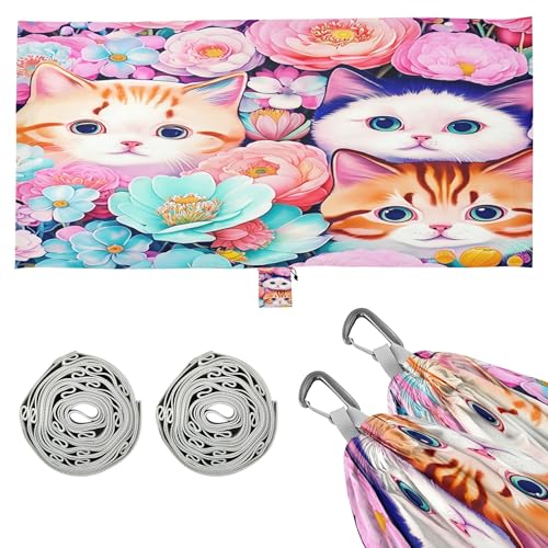 Takiito Playful Cats Hidden Among Flowers Hammock 330 lb Capacity Travel Camping Hammock with Tree Straps, Portable Lightweight for Outdoor Beach Backpacking Backyard Patio
