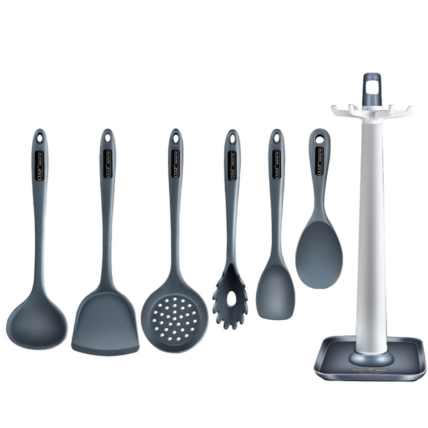 Set di Utensili da Cucina in Morbido Silicone 7 Pezzi Antibatterico Anti-Aderente Resistente al Calore con Spatola Scrematrice Pasta Server Supporto Girevole