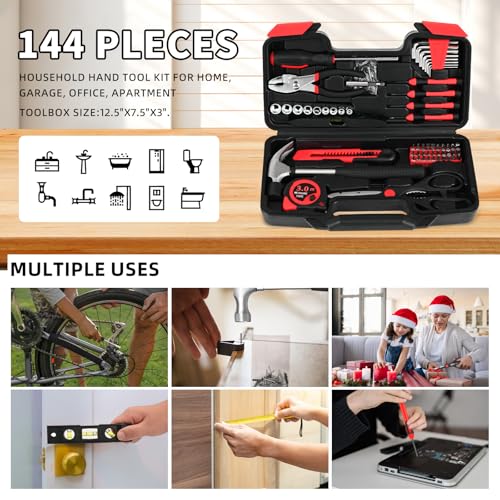 Image of 144-Piece Red Home Tool Set, Household Hand Kit with Plastic Toolbox | Basic repair tools for women & college students, all-purpose dorm set for home, apartment, office & daily household DIY use