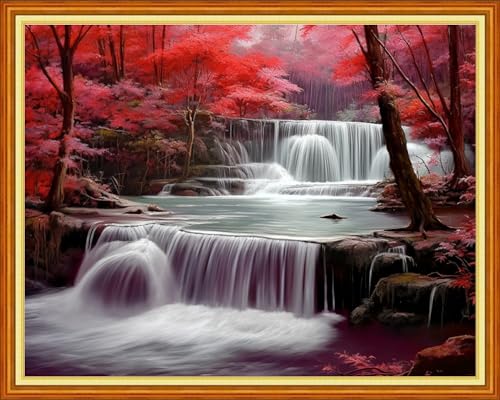 Image of Foxhool Beginners Cross Stitch Kits Stamped Full Range of Embroidery Kits for Adults DIY Cross Stitches kit Embroidery Patterns for Needlepoint kit-Waterfall Scenery 16x20 inch
