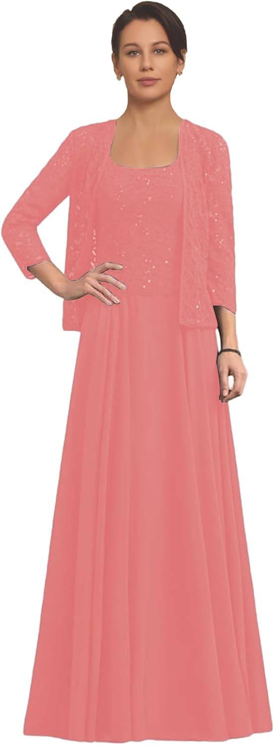 2 Piece Long Mother of The Bride Dress for Women 3/4 Sleeve Chiffon A Line Sequins Laces Formal Evening Dresses with Jacket