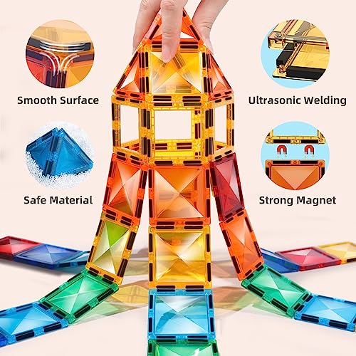 TOKBLOK Magnetic Tiles Kids Toys for 3 4 5 6 Years Old Boys & Girls, 64PCS Clear Diamond Magnet Building Blocks Set, STEM Preschool Learning Educational Toys for Toddler Birthday Gift