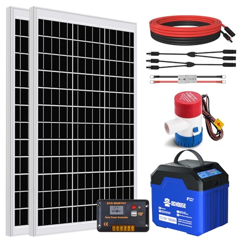 DCHOUSE Juego de bomba de achique de 1100 GPH, con bomba de barco de 12 V CC, 2 paneles solares de 120 W, batería Bluetooth de 100 Ah, regulador de carga solar de 20 A para estanques, piscinas, barcos