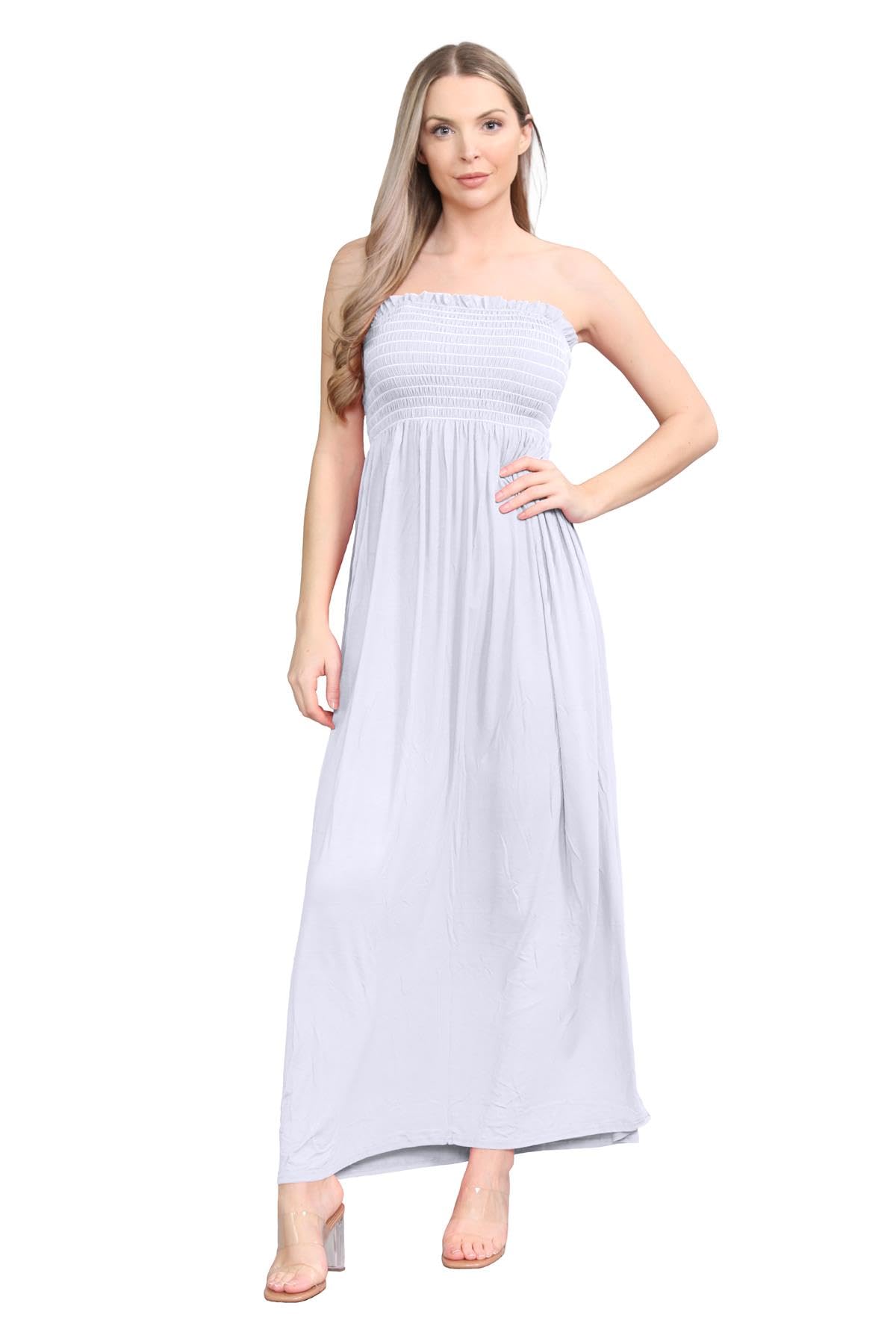 Hamishkane Women's White Hamishkane® Plain Maxi Dress, Bandeau Strapless Dress, Sheering Gathered Boobtube Dress, Casual Dresses Long Summer Dresses For Uk