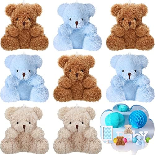 Threan 8 Pcs Mini Plush Bears 4'' Small Bear Bulk Stuffed Animal Toys Tiny Soft Bear Doll Present Stuffers for Graduation Baby Shower Party Favors Supplies (Blue, Brown, Apricot)