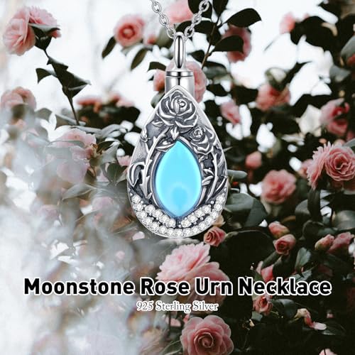 Birth Flower Urn Necklaces for Ashes 925 Sterling Silver Birth Month Flower Memorial Ash Pendant Moonstone Teardrop Cremation Jewelry for Women Men3