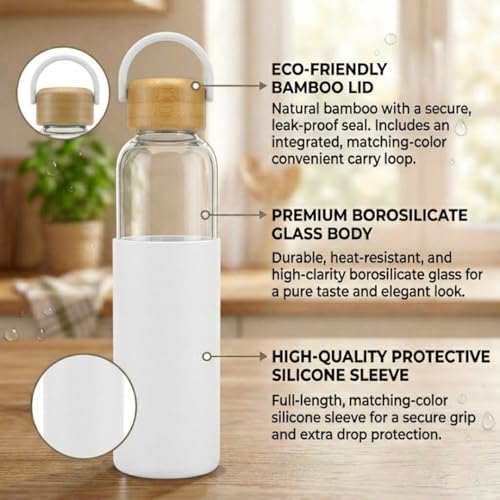 Image of Giftana Personalized Borosilicate Glass Water Bottle 500ml with Glass Sipper Tumbler 450ml, Reusable Leakproof Drinking Bottle with Silicone Sleeve, Eco-Friendly Bottle for Office Gym Travel (White)