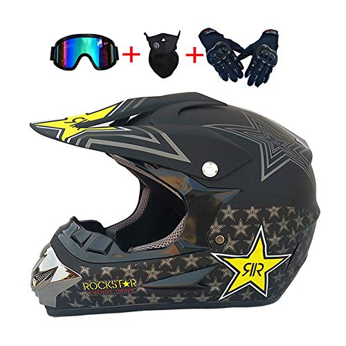 LEENY Cascos de Motocross, Cascos de Cross de Motos con Gafas/Máscara/Guantes, Motorcycle Off-Road Sports DH Enduro Cascos de Motocicleta, Rockstar/Negro Mate,XL
