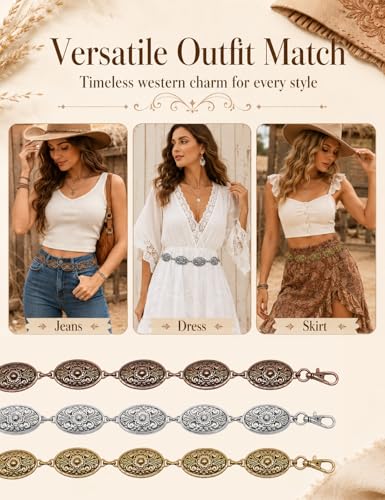 Image of TOPACC Western Metal Concho Belt for Women Cowgirl Chain Belts for Dresses Jeans Country Concert Outfit