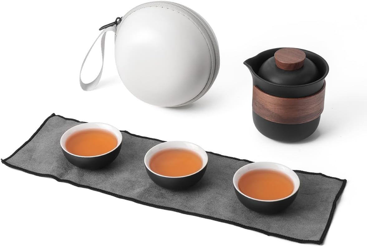 Mini Travel Ceramic Tea Pot Set Chinese Kung Fu Teapot, 1 Pot 3 Cups Porcelain Teacups with Tea Infuser Portable Bag for Home Office Outdoor Picnic Black image 2