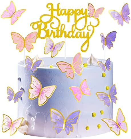 100Pcs Butterfly Cake Topper, Butterfly Cupcake Topper, Butterfly Cake Decorations, Cake Topper, Birthday Anniversary Decor, Party Decorations for Women Girls, Mixed Size (Pink Purple Gold)