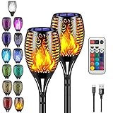 B BOCHAMTEC 2 Pack Solar Lights Outdoor Flickering Torch, with USB Charging Port Remote, 13 Color Changing RGB,Waterproof Lights Landscape Auto On/Off for Garden Patio Driveway Party