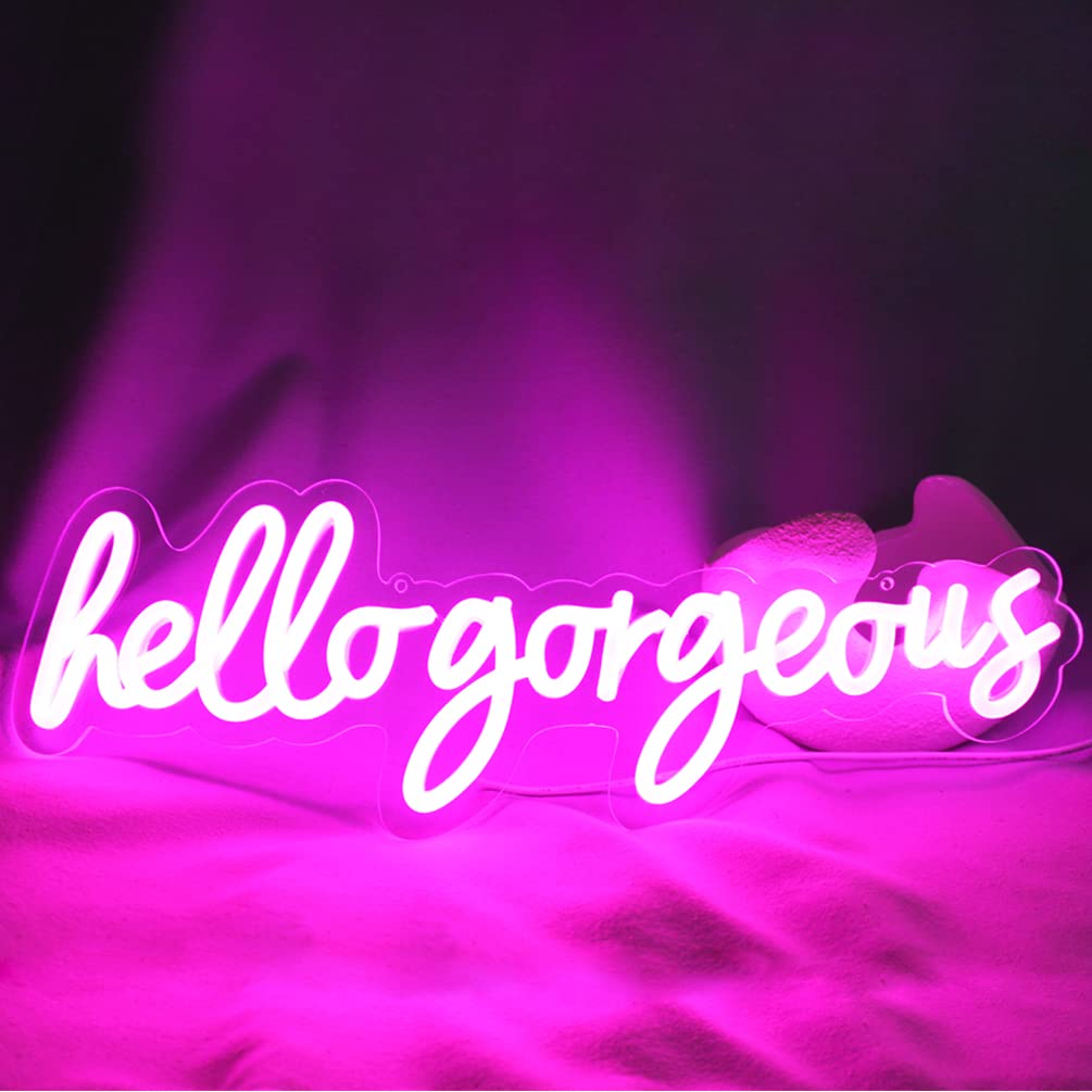 Hello Gorgeous Neon Signs Pink LED Sign Hello Beautiful Wall Art Gifts for Home Decoration Wedding Birthday Backdrop Bacelorette Party Wth Dimmable Switch(5V,17X6inches)