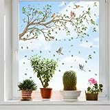 Hikosiya 静電ステッカー 窓ステッカー 植物 緑 葉 蔓 紅葉 黄葉 葉っぱ 花 落ち葉 猫 兎 蝶々 窓 ドア 戸棚 浴室 ガラス かわいい 飾り 両面印刷 水で貼る 貼り直し可能 静電気シール インテリア おしゃれ 春 夏 秋 冬 四季 ステッカー DIY PVC素材 生活防水 部屋飾り 店舗飾り (木枝 鳥)