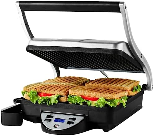 OVENTE Electric Panini Press Sandwich Maker, 1500W Indoor Grill with Nonstick Coated Plates, Digital Temperature and Timer Display, Removable Drip Tray, Perfect for 4-Slice Sandwiches, Silver GP1000BR