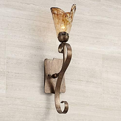 Franklin Iron Works Amber Scroll Rustic Wall Sconce Lighting Golden Bronze Metal Hardwired 23 1/2" High Fixture Amber Art Glass Decor for Bedroom Bathroom Bedside Home Kitchen (Colors May Vary)