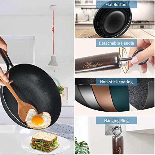 Aneder Carbon Steel Wok Pan With Lid & Wood Spatula, 12.5" Cast Iron Stir Fry Pan With Flat Bottom And Wooden Handle For Electric, Induction And Gas Stoves #TOP3