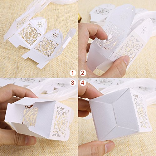Ponatia 25Pcs/Lot 4''X4'' Laser Cut Pearl Paper Party Wedding Favor Ribbon Candy Boxes Large Size Gift Box For Cupcake (White Bride Groom) #TOP6