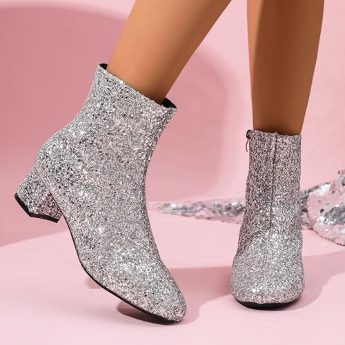 Botas para mujer con lentejuelas y tacón ancho de estilo británico moderno 2