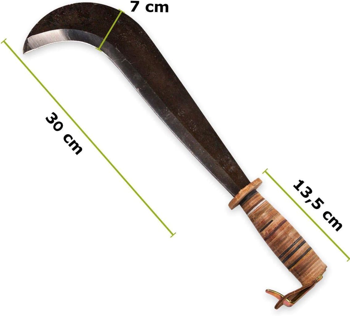 4betterdays.com Handgeschmiedetes Schweizer Gertel mit Ledergriff inkl. Gratis Schleifstein - Staudensichel, Handsichel, Sichel Garten, Sichelmesser/made in Germany