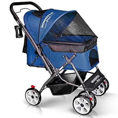 WONDERFOLD P1 Folding Pet Stroller Wagon for Dogs/Cats with 4 Wheels, Zipperless Entry, Storage Basket, and Cup Holder (Midnight Blue)
