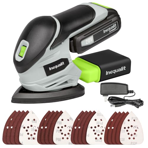 Inequalit Cordless Detail Sander Electric Sander with 12000 RPM 20V 1.3Ah Including 20Pcs Sandpapers and Dust Collection System for Precise Sanding in Tight Spaces Battery and Charger Bundled