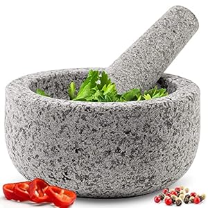 Heavy Duty Large Mortar and Pestle Set, Hand Carved from Natural Granite, Make Fresh Guacamole, Salsa, Pesto, Stone Grinder Bowl, Herb Crusher, Spice Grinder, 6.3″ Wide, 2 Cup, Grey