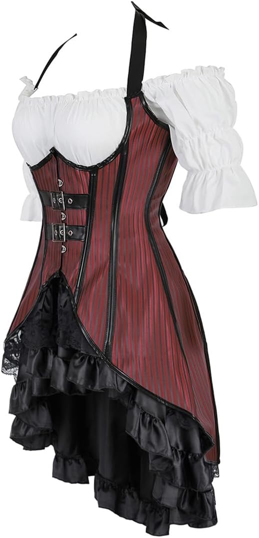 Grebrafan Women Steampunk Corset Top With Pirate Skirt and Gothic Blouse