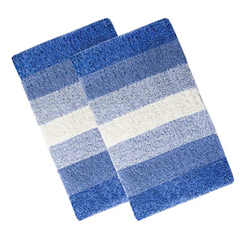 Image of THE HOME TALK Cotton Stripes Bathmats | Water Absorbent Runners | Floor Mats /Rugs for Kitchen, Bathroom | Ultra Soft Mats | Non-Slip | Pack of 2 | 35 x 50 cm | Blue