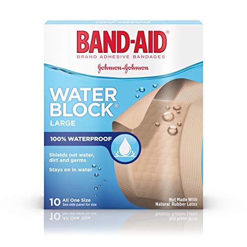 100% Waterproof Large Band-Aid Brand Water Block Plus Waterproof Adhesive Bandages for Minor Cuts and Scrapes, 10 ct
