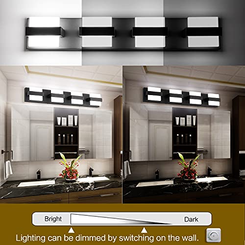 Image of SOLFART 4 Lights Black Vanity Light LED Bathroom Modern Vanity Lights Over Mirror Black Bathroom Light Fixtures 27 inch White Light Dimmable