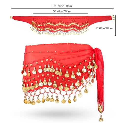 Women's Chiffon Belly Dance Hip Scarf with 128 Coins for Yoga Class