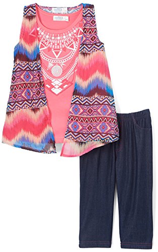 Image of ToBeInStyle Girl's 2 Piece Outfit Layered Top & Capri Jeggings Set Casual Denim Look Leggings