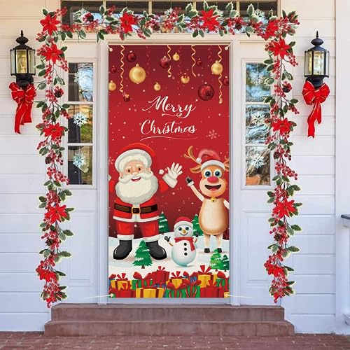 AOLOA Christmas Door Cover With Santa & Reindeer, Hanging Banner for Xmas Winter Party