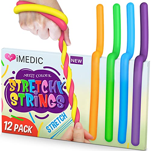 iMedic Lot de 12 Ficelles souples étirables - Jouets sensoriels anti-stress pour enfants ou adultes, personnes souffrant d’autisme , aux besoins spéciaux, réduit l’anxiété et le stress, TDAH, TOC