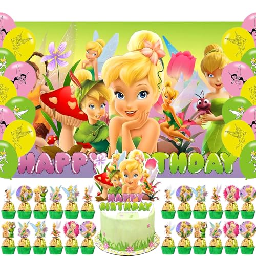 Green Tinkerbell Backdrop for Fairy Birthday Party Supplies 5x3ft Fairy Photo Backgrounds Fairy Theme Baby Shower Banner Cake Toppers for Birthday Cake Table Decoration