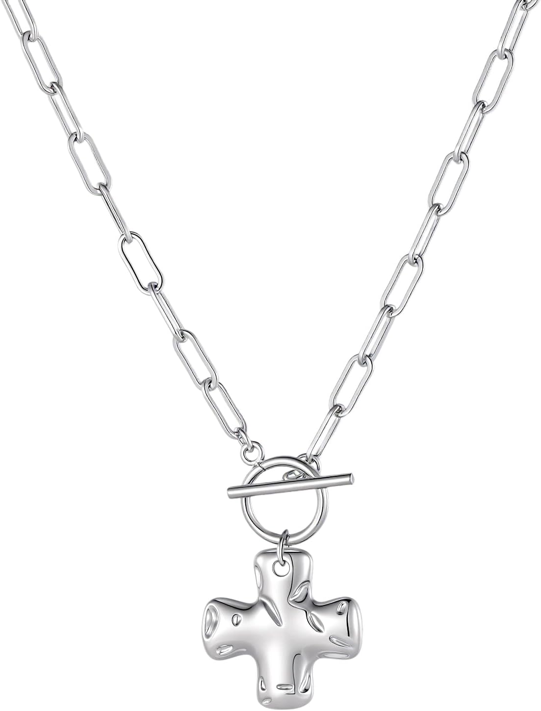 Chunky Cross Necklace for Women Hammered Gold Cross Pendant Toggle Clasp Paperclip Chain Statement Choker Bold Faith Jewelry Gift