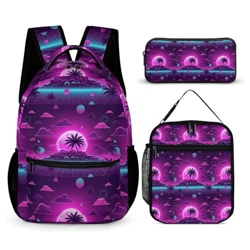 Travel Bookbag Set with Lunch Bags and Cosmetic Bag Hawaiian Coconut Palm Tree Ocean Moon Backpack with Lunch Box Storage Bag Backpack Bookbag Set