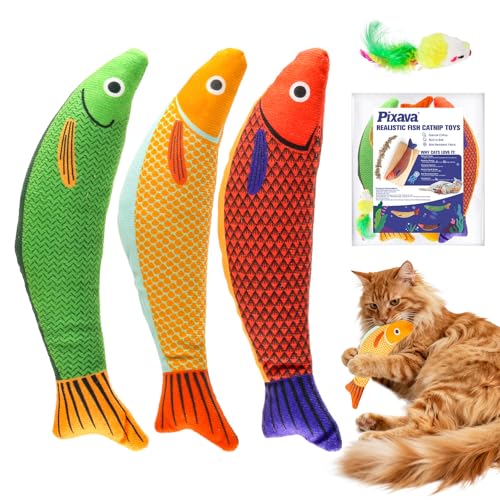 Pixava Catnip Toys, 3Pcs Plush Fish Cat Nip Chewing Toys, Interactive Catnip Toys with Bell Inside for Indoors Cats & Kittens