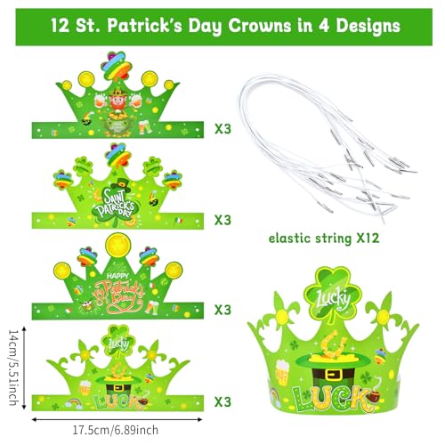 Kreyfer 12 Pcs St. Patrick's Day Paper Crowns Bulk Party Favors - 4 Designs Green Lucky Leprechaun Hats, Rainbow & Shamrock Headwear, Holiday Party Supplies, Fun Irish Accessories for Kids & Adults - Image 3