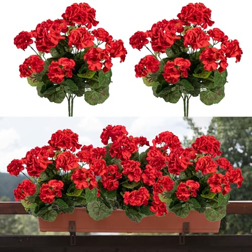 4PCS Home Decor Fake Plants Artificial Flowers Artificial Geraniums Outdoor Fake Flowers Artificial Flowers Fake Silk Bouquet, Fall Decor for Interior Porch Garden Decoration (Red) 14.4″