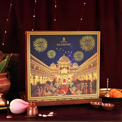 Image of The Raj Abhishek Box | Luxury Diwali Puja & Gift Hamper with Aagman Diya & Ghanti from Ayodhya | Puja Essentials, Royal Decor & Artisanal Festive Treats | Tribute to Prosperity & Grandeur | Pack of 21