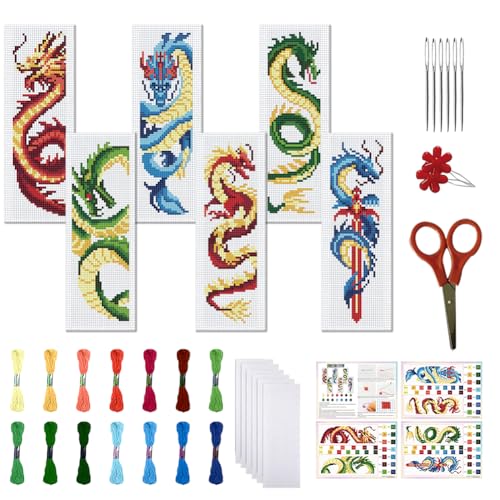 Kit marque-page point de croix dragon pour adultes débutants (6 pièces)