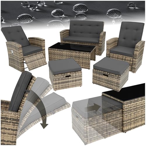 tectake® Salon de Jardin Exterieur Lounge en Poly Rotin 6 Places 1 Canapé 2 Fauteuil Salon 2 Tabouret Pouf et 1 Table de Jardin, Dossier inclinable Mobilier...