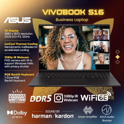 Image of ASUS Vivobook S16 AI Business Laptop, 16 inch 120Hz 3K 2880 x 1800 OLED, AMD Ryzen AI 7 350(>Ultra 7 266V, 5GHz), 1-Zone RGB Backlit, FHD IR Webcam, Windows 11 Home, Neutral Black(16GB DDR5 RAM | 1TB SSD)