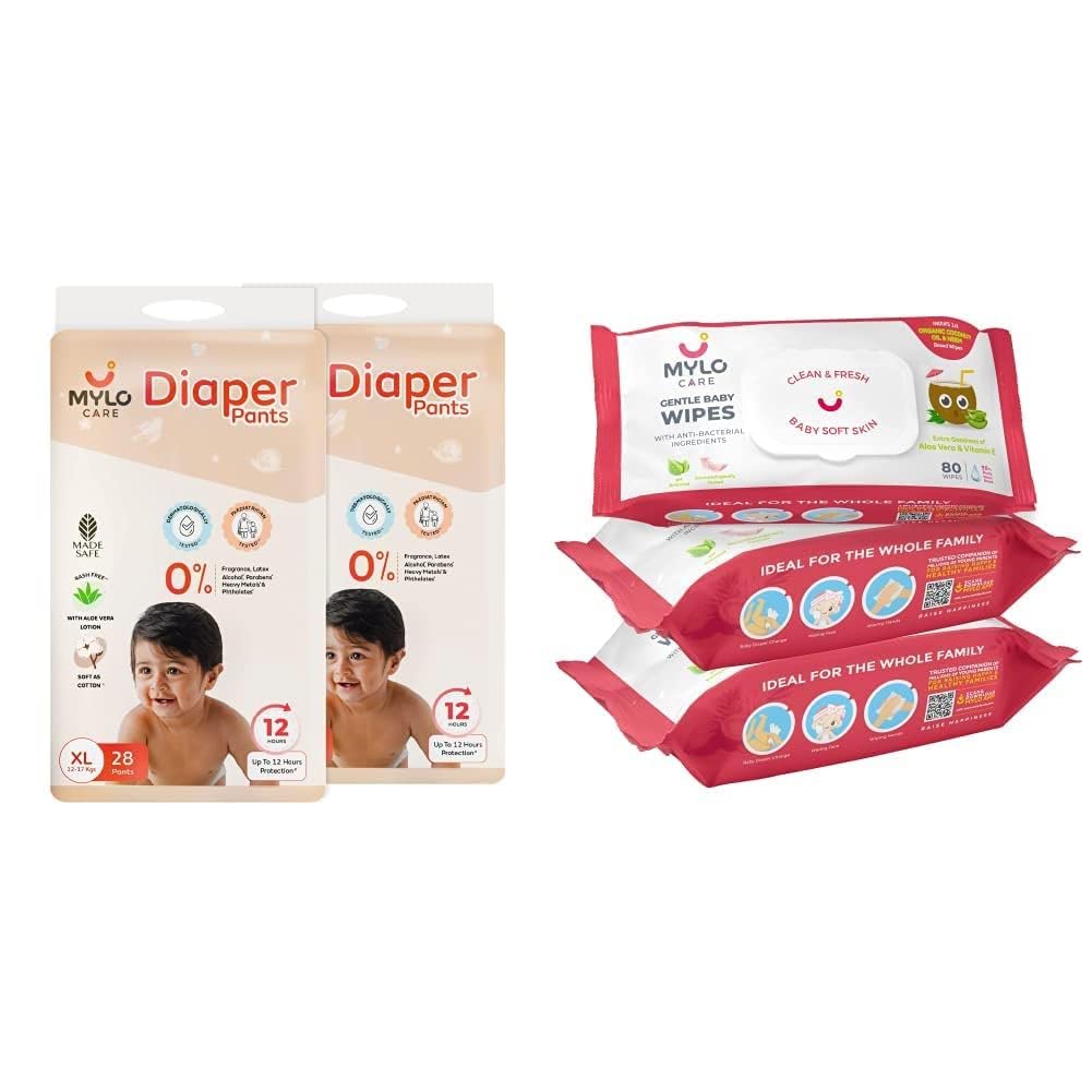 Mylo Care Disposable Diaper Pants & Baby Wipes Combo|Organic Coconut Oil & Neem|12 Hours Leak Protection|Chemical Free|Baby Essentials (Diaper (XL)-56 Count, Wipes with lid Pack of 3